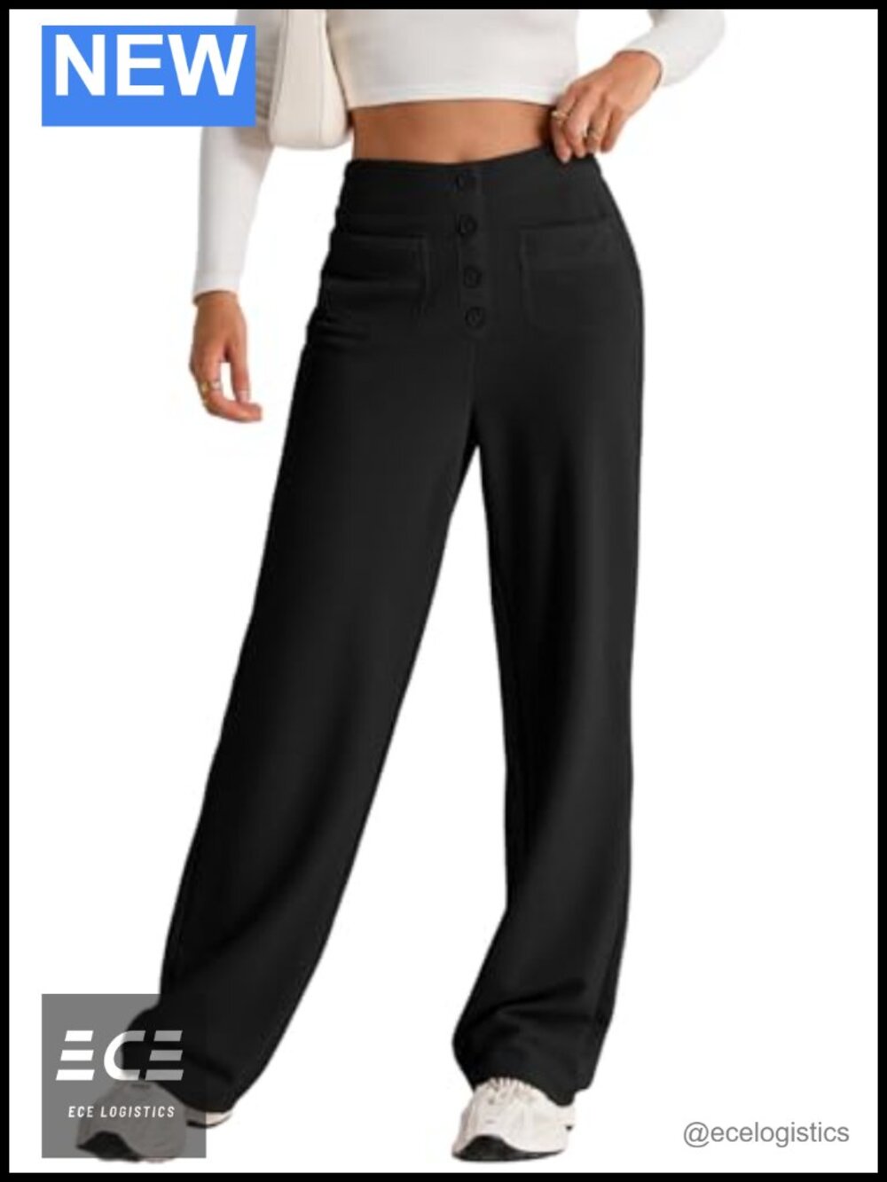 High Waist Button Stretchy Straight Leg Work Pants with Pockets